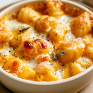 Air Fryer Pumpkin Gnocchi Bake with golden cheese