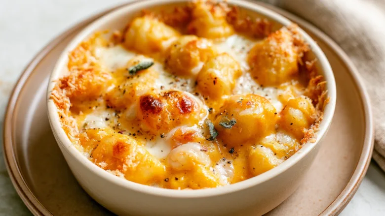 Air Fryer Pumpkin Gnocchi Bake with golden cheese