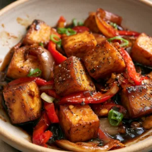 Black Pepper Tofu Stir Fry with crispy tofu and peppers
