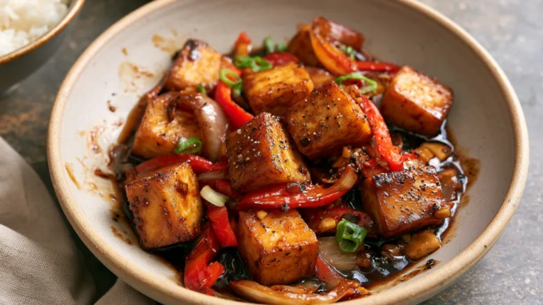 Black Pepper Tofu Stir Fry with crispy tofu and peppers
