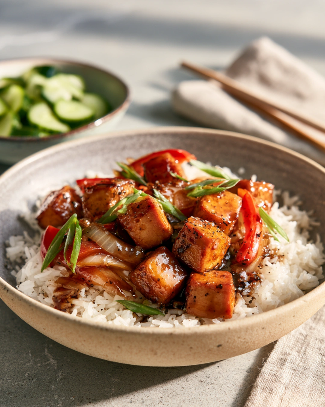 Black Pepper Tofu Stir Fry served with jasmine rice
