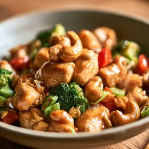 Cashew Chicken Stir-Fry with broccoli, bell peppers, and roasted cashews