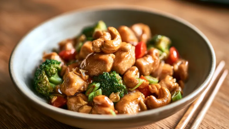 Cashew Chicken Stir-Fry with broccoli, bell peppers, and roasted cashews