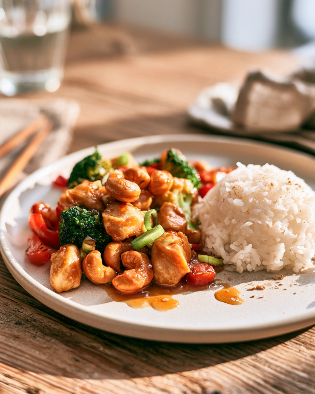 Cashew Chicken Stir-Fry served with jasmine rice