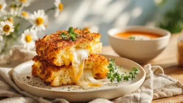 Cauliflower Crusted Grilled Cheese Sandwiches with crispy golden cauliflower crust and melted cheddar cheese.