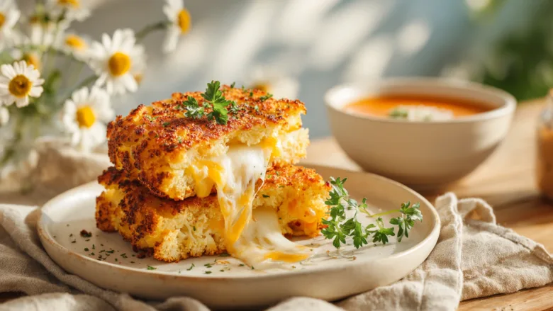Cauliflower Crusted Grilled Cheese Sandwiches with crispy golden cauliflower crust and melted cheddar cheese.