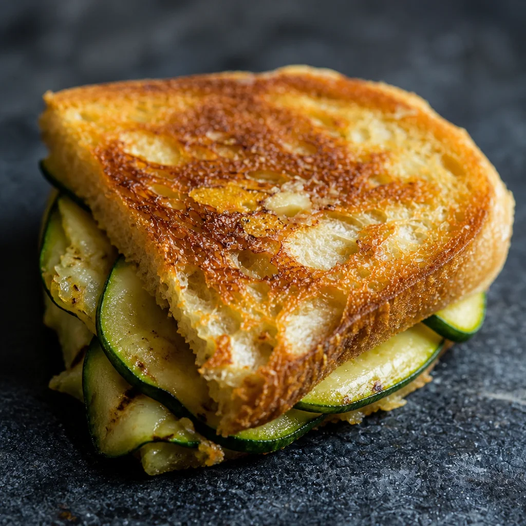 Delicious zucchini grilled cheese sandwich with melted cheese and fresh zucchini slices.