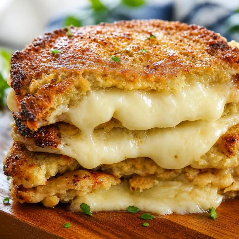 Delicious low-carb cauliflower crusted grilled cheese sandwich with melted cheese.