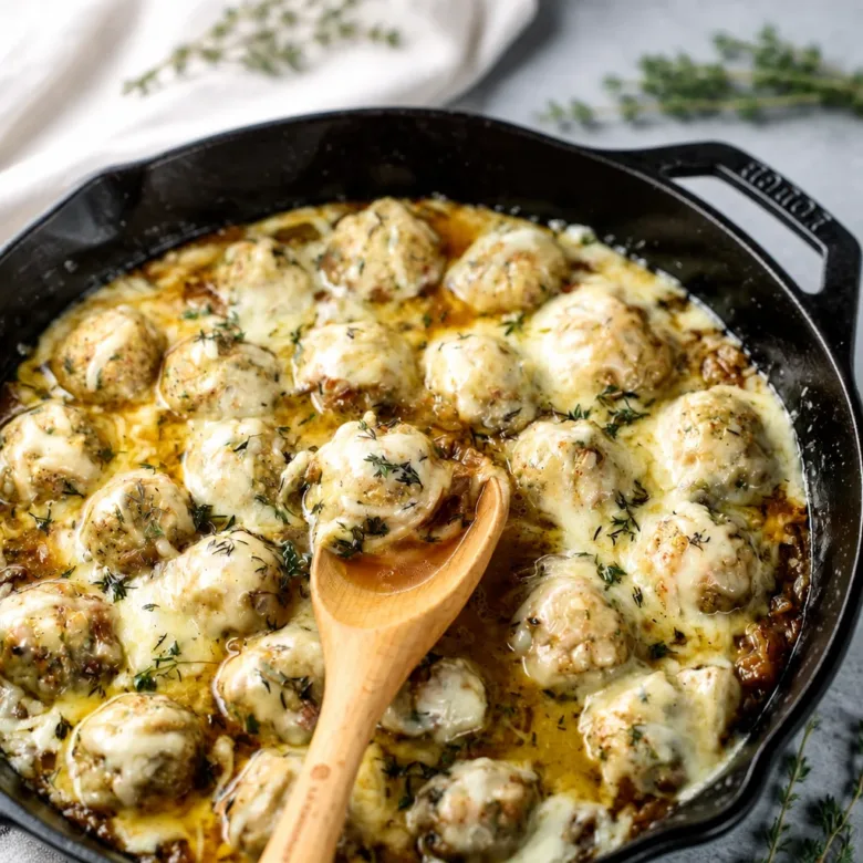 Delicious French Onion Chicken Meatballs served with melted cheese and caramelized onions.