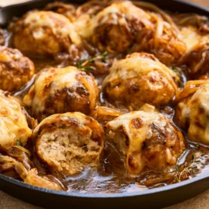 French Onion Chicken Meatballs Low Carb & Gluten Free with caramelized onions