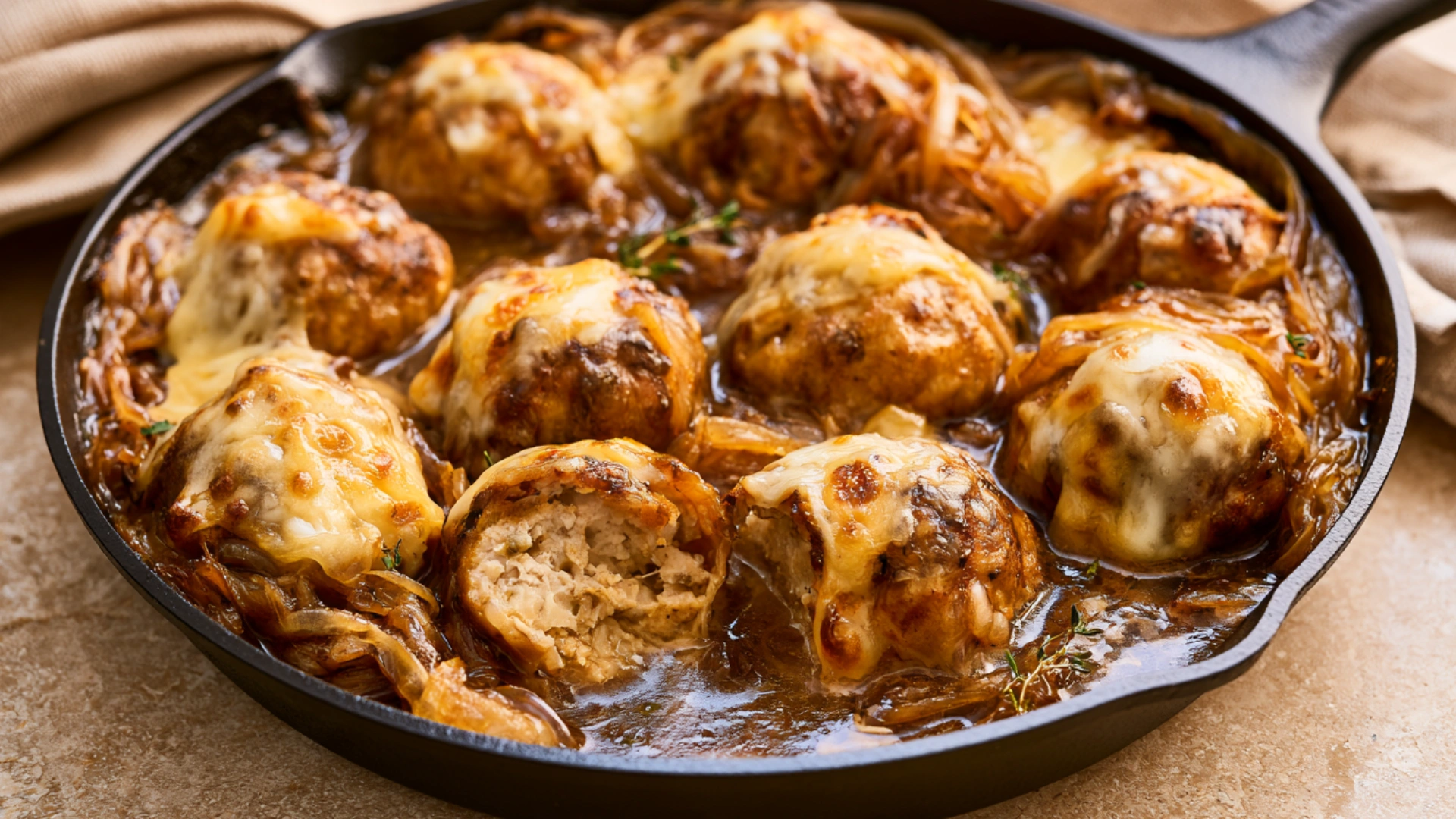 French Onion Chicken Meatballs Low Carb & Gluten Free with caramelized onions