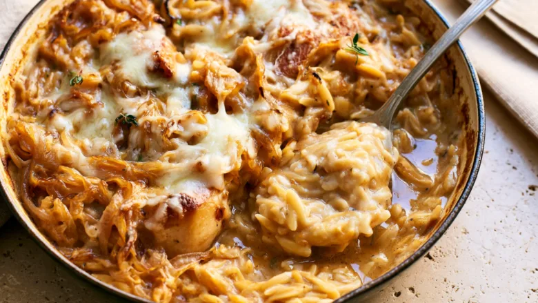 French Onion Chicken Orzo Casserole with caramelized onions and Gruyère