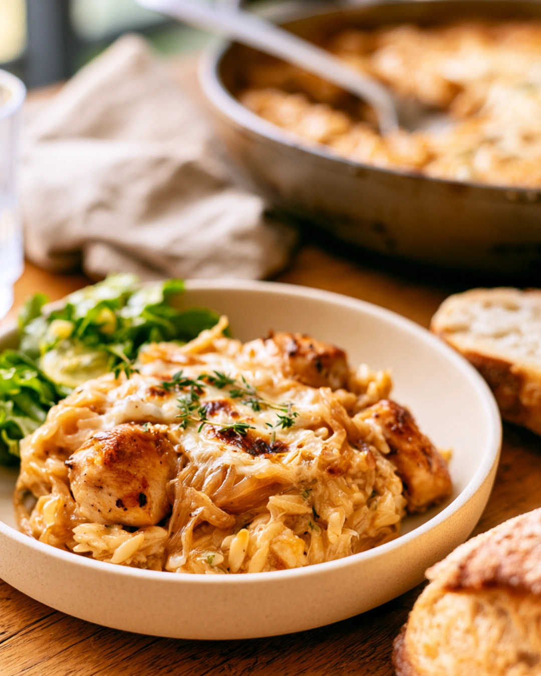 French Onion Chicken Orzo Casserole served with salad and bread