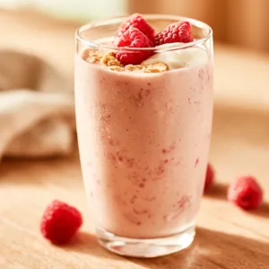High Protein Raspberry Cheesecake Smoothie with fresh raspberries
