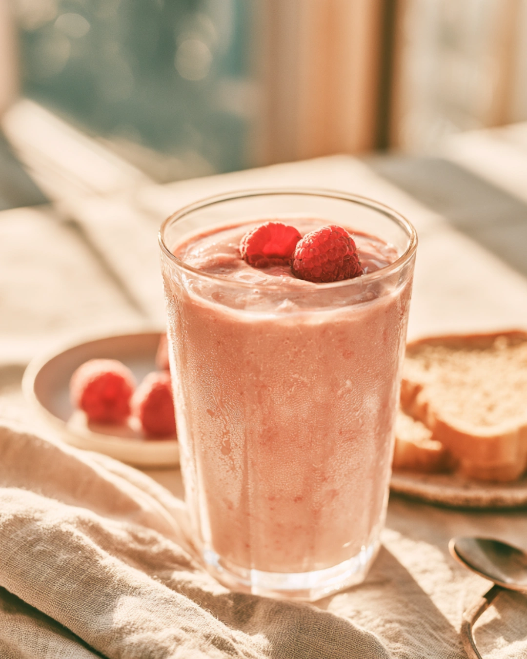High Protein Raspberry Cheesecake Smoothie served for breakfast