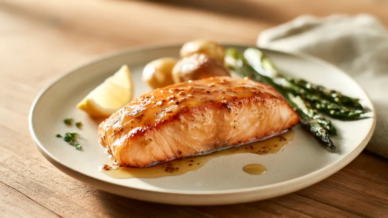 Honey Mustard Salmon with golden Dijon glaze and asparagus