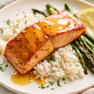Honey Mustard Salmon served with rice and asparagus