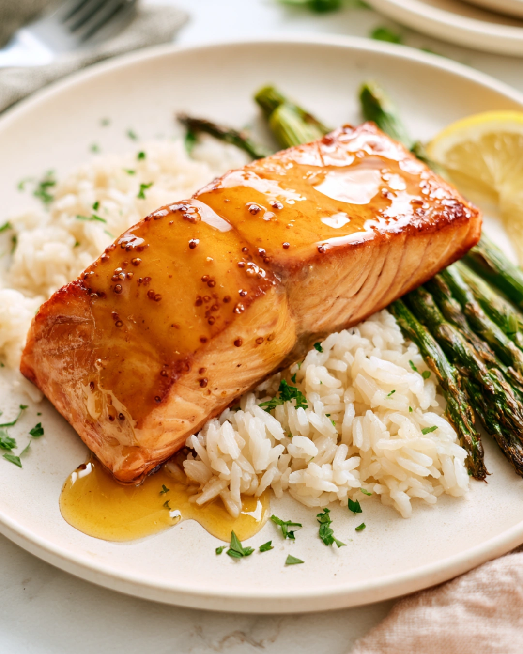 Honey Mustard Salmon served with rice and asparagus