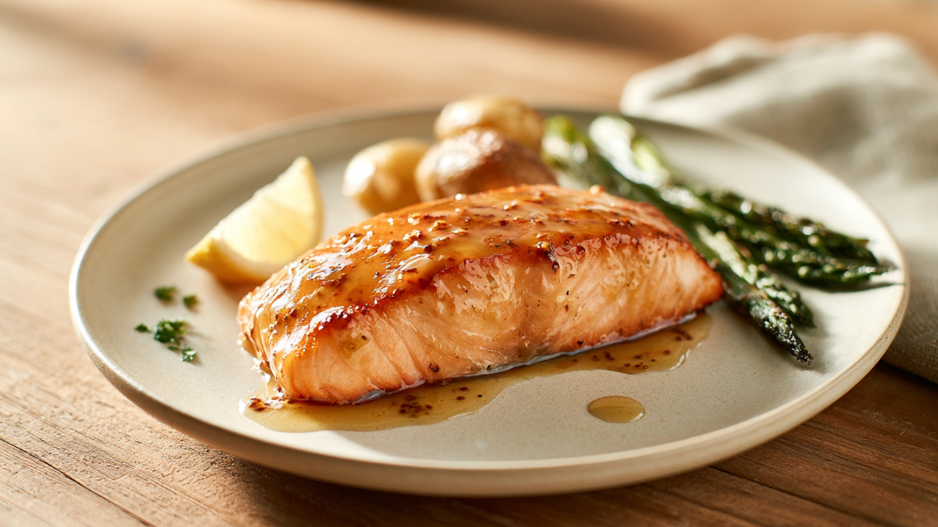 Honey Mustard Salmon with golden Dijon glaze and asparagus