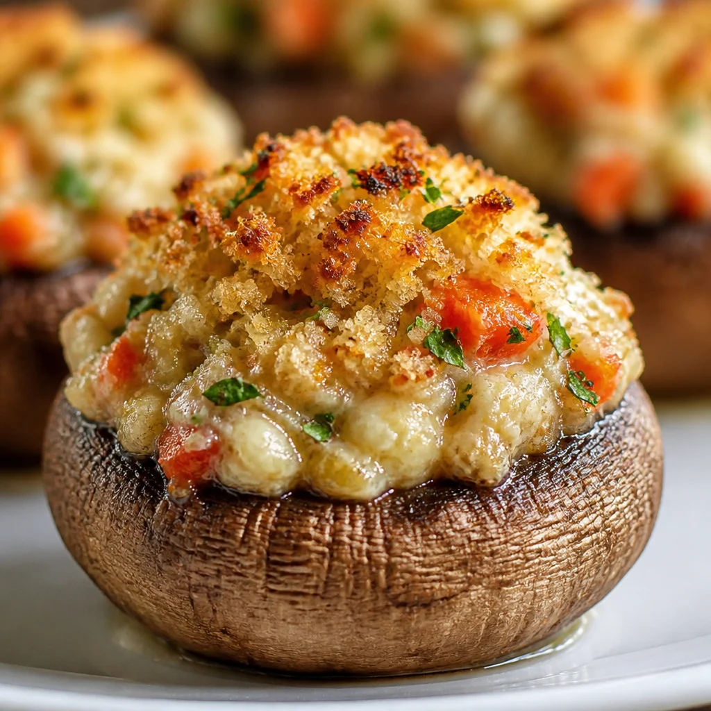 Delicious Crab Stuffed Mushrooms filled with creamy crab and cheese topping.