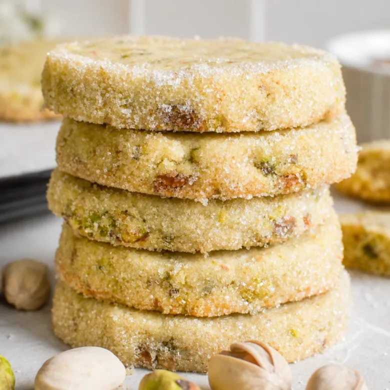 A plate of Pistachio Shortbread Cookies, golden and studded with pistachios.