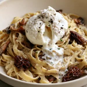 Mushroom Pasta with Burrata Bliss and golden morel mushrooms