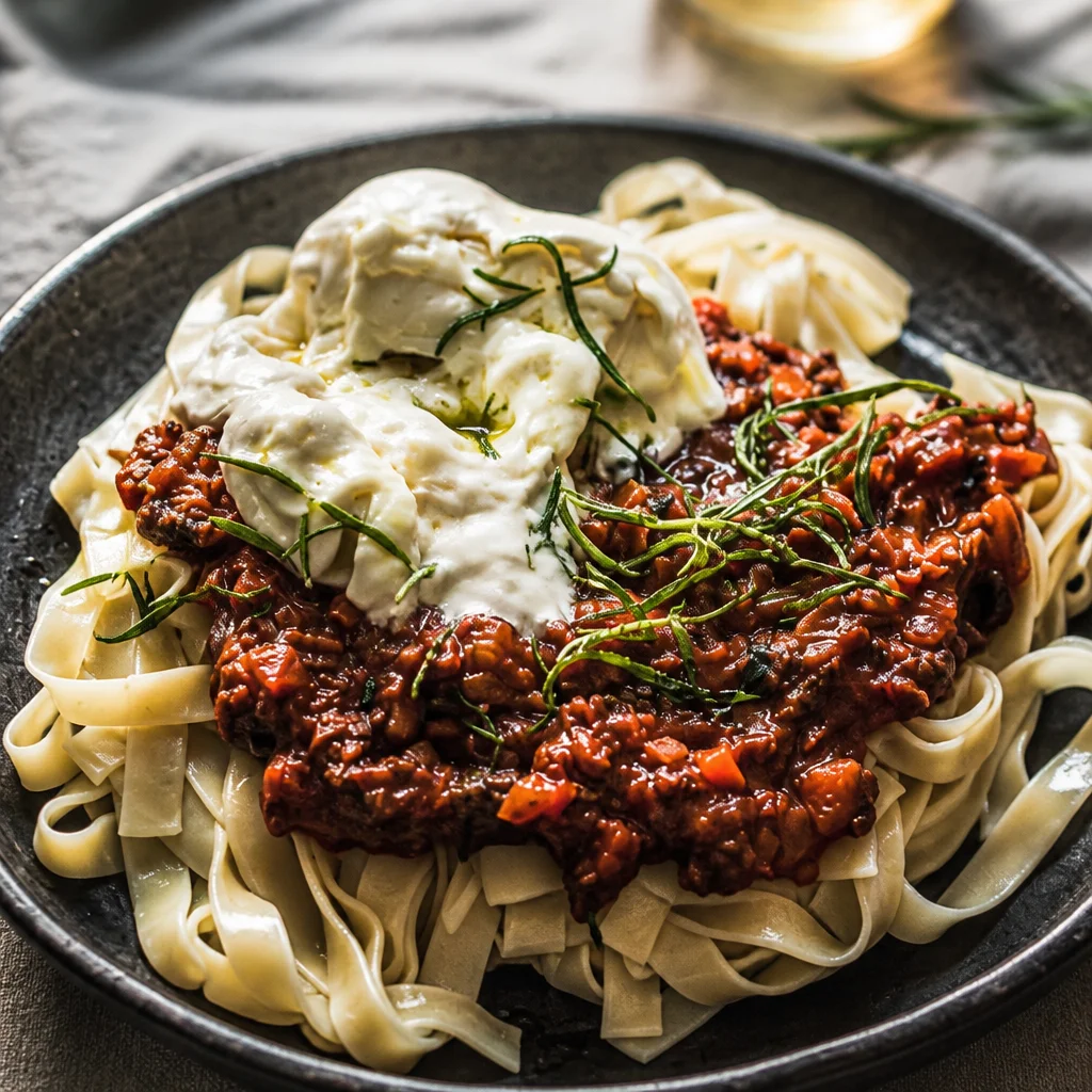 Mushroom Pasta with Burrata Bliss served in a bowl, garnished with herbs and cheese.