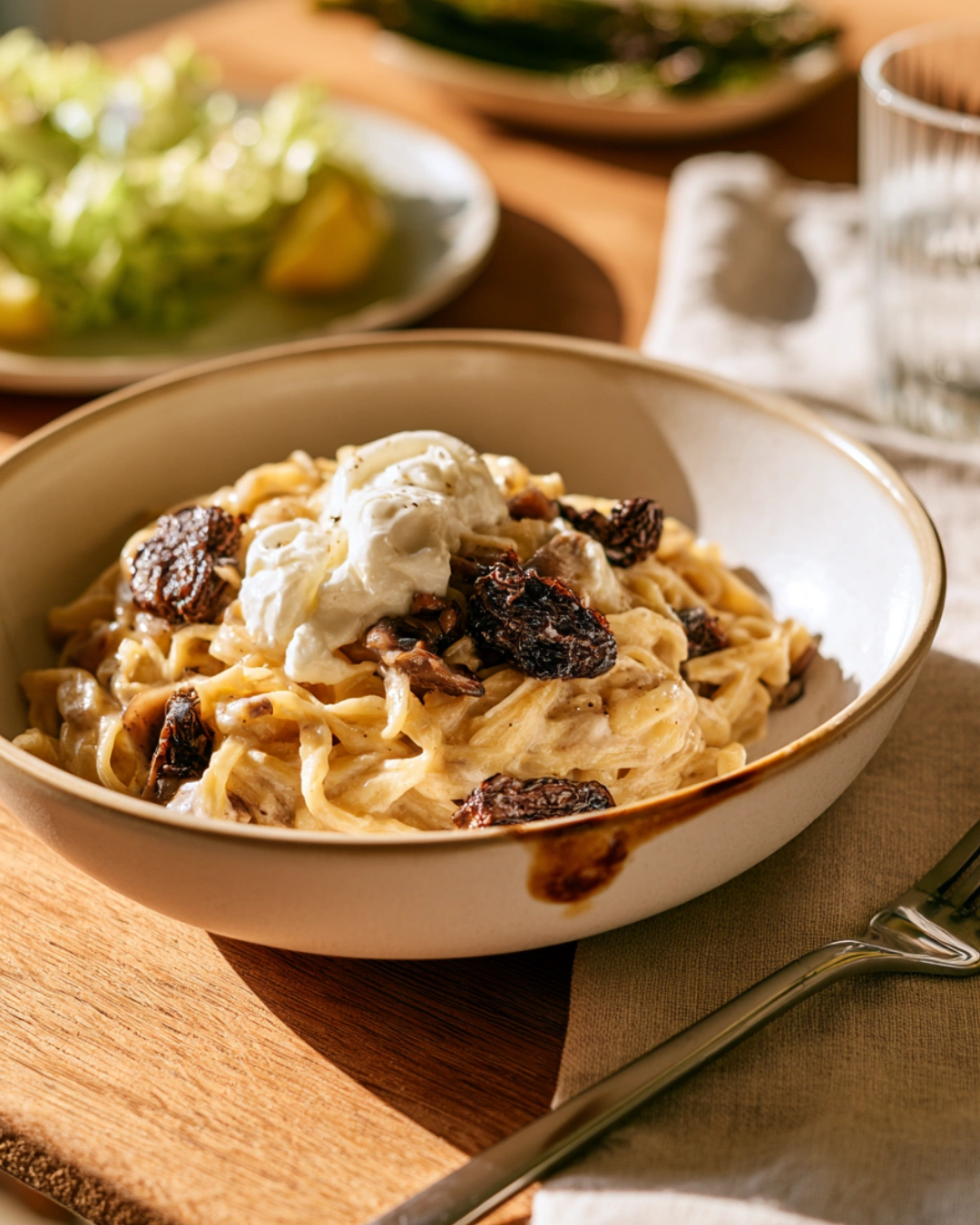 Mushroom Pasta with Burrata Bliss served with salad