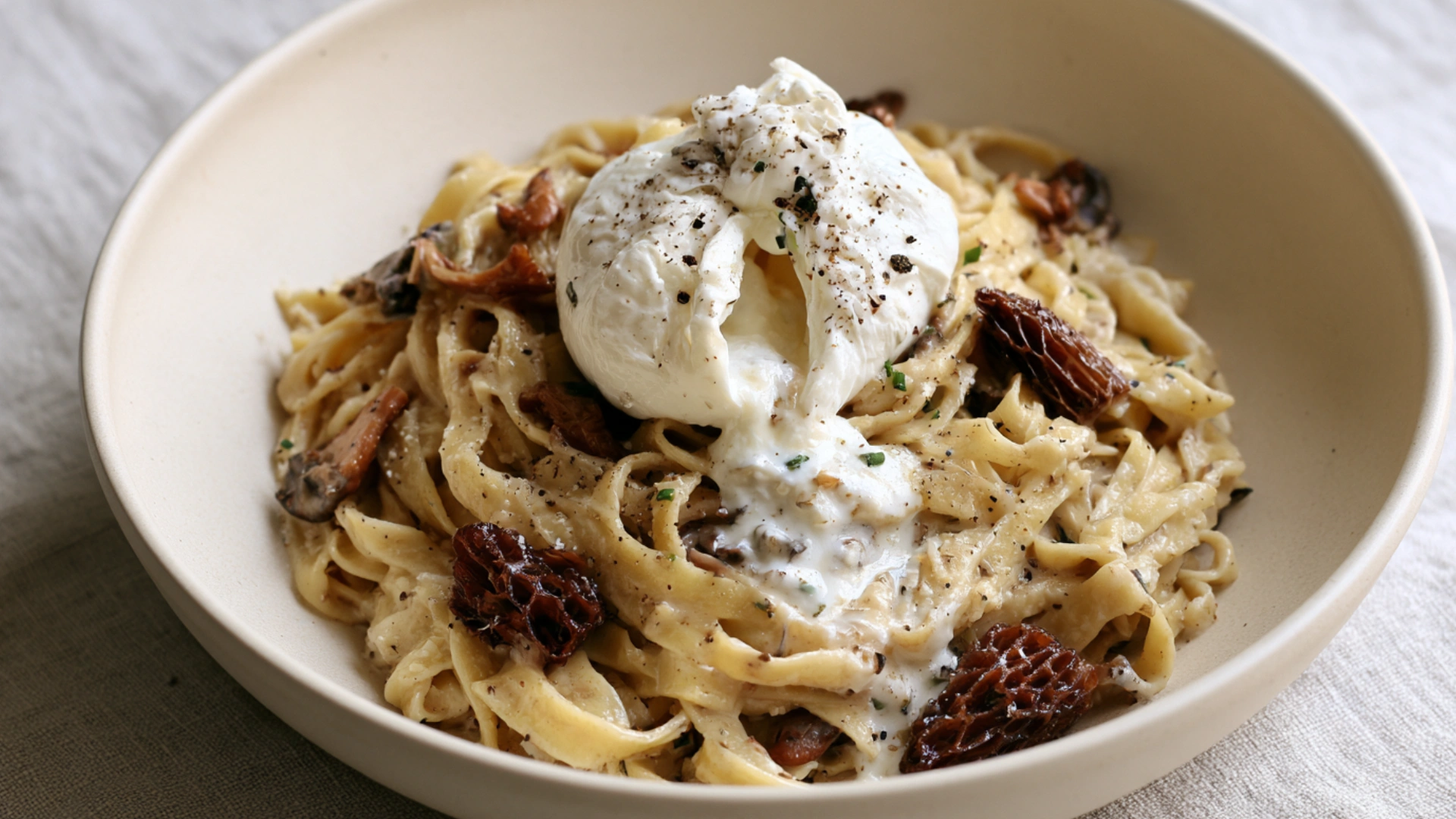 Mushroom Pasta with Burrata Bliss and golden morel mushrooms