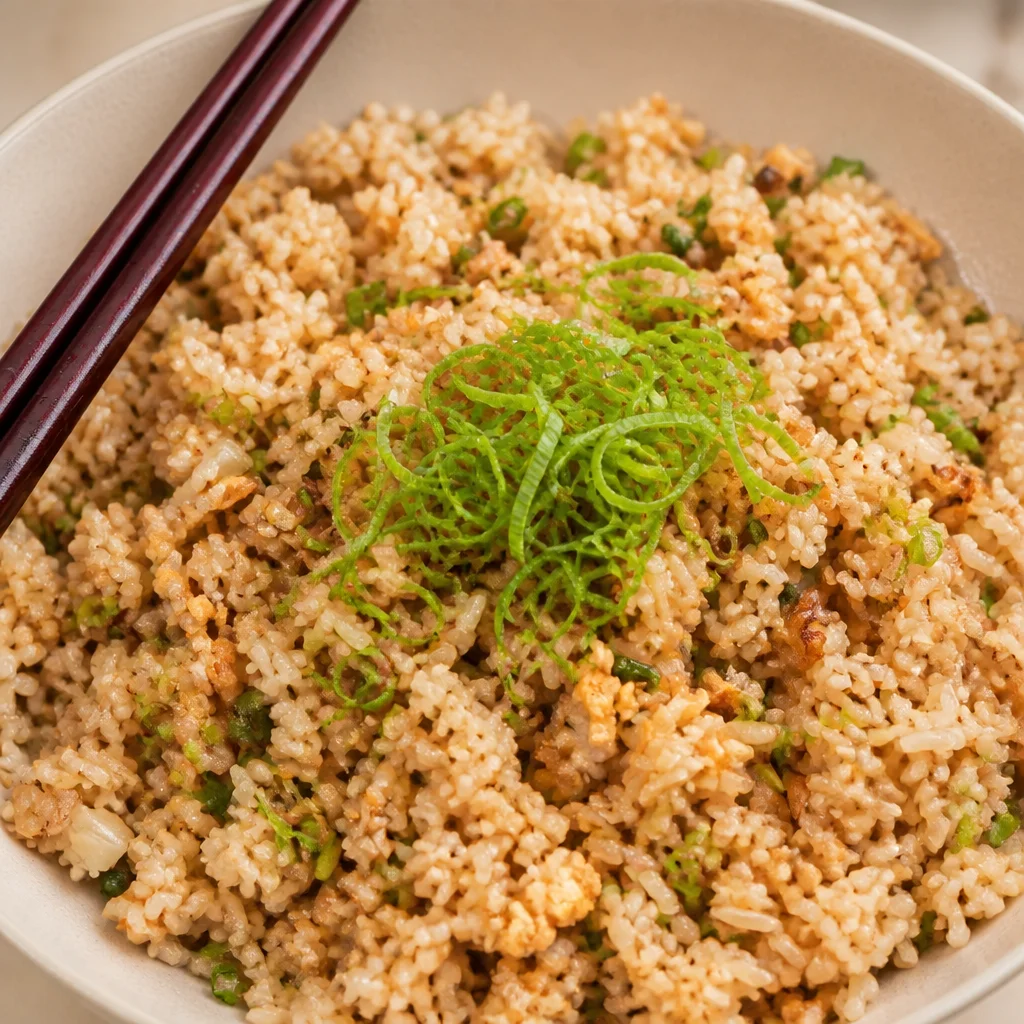 Delicious Garlic Butter Fried Rice served in a bowl with a sprinkle of green onions.