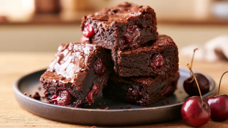 Roasted Chocolate Cherry Brownies with fudgy centers and jammy cherries