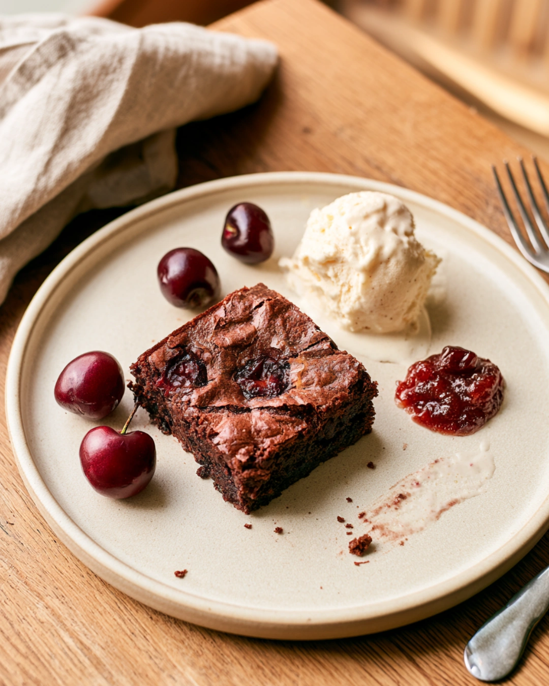 Roasted Chocolate Cherry Brownies served with vanilla ice cream