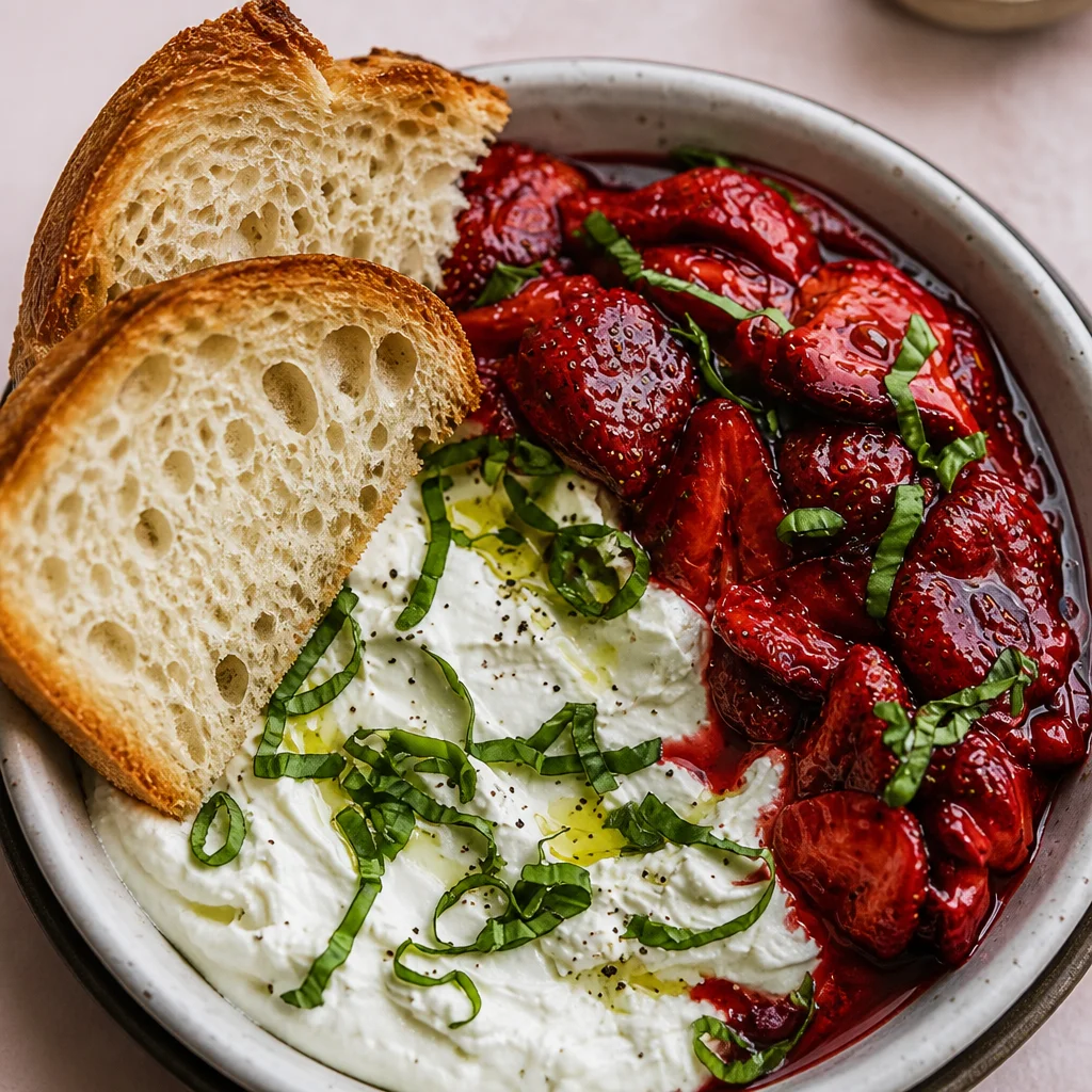 Whipped Feta Dip with Roasted Strawberries served on a platter with toasted bread.