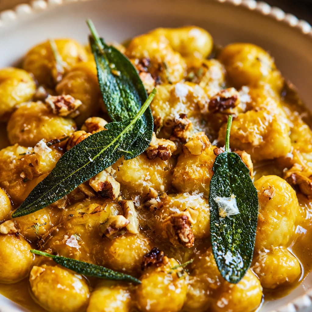 Air Fryer Pumpkin Gnocchi Bake plated with crispy edges and garnished with sage.