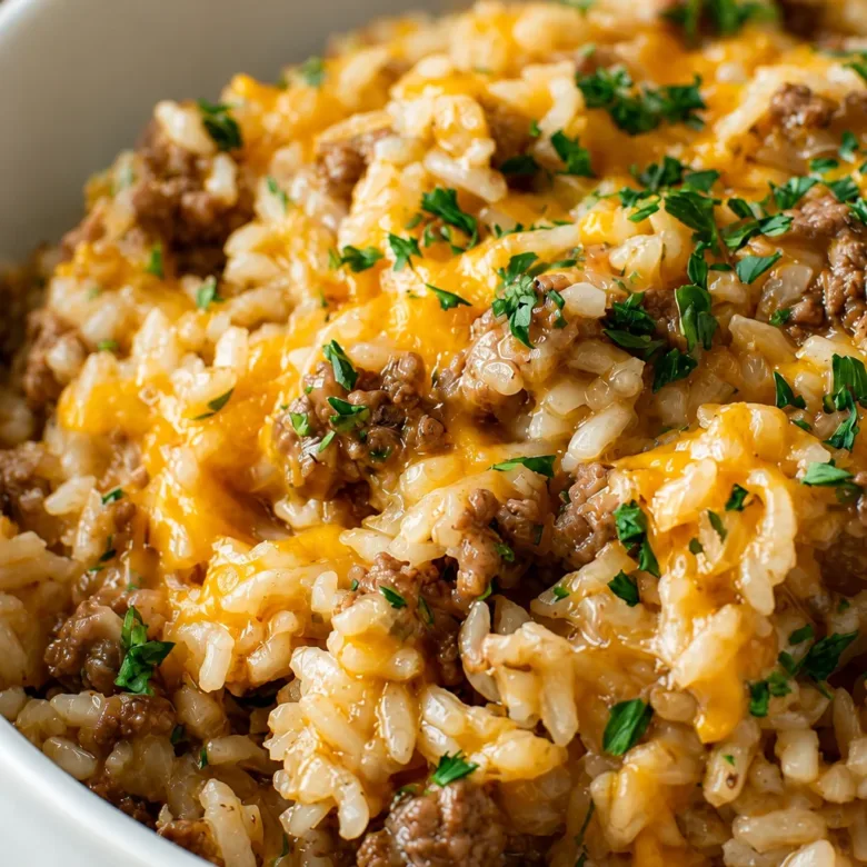 Cheesy Ground Beef and Rice Casserole with melted cheese and seasoned beef