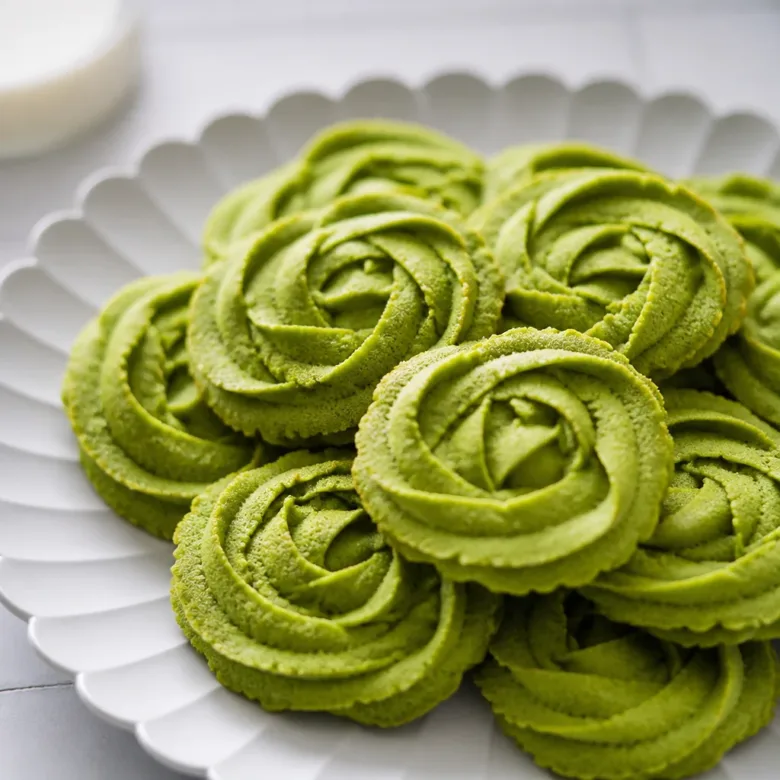 Plate of delicate Matcha Butter Cookies with a crispy texture, inspired by traditional recipes.