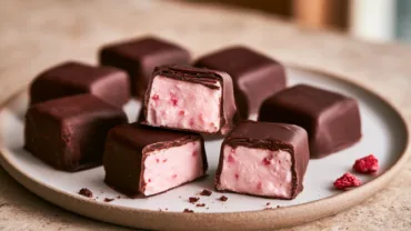 Strawberry Nougat Chocolate Squares with chewy pink strawberry filling