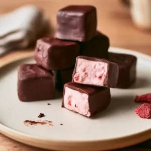 Strawberry Nougat Chocolate Squares served on a dessert plate
