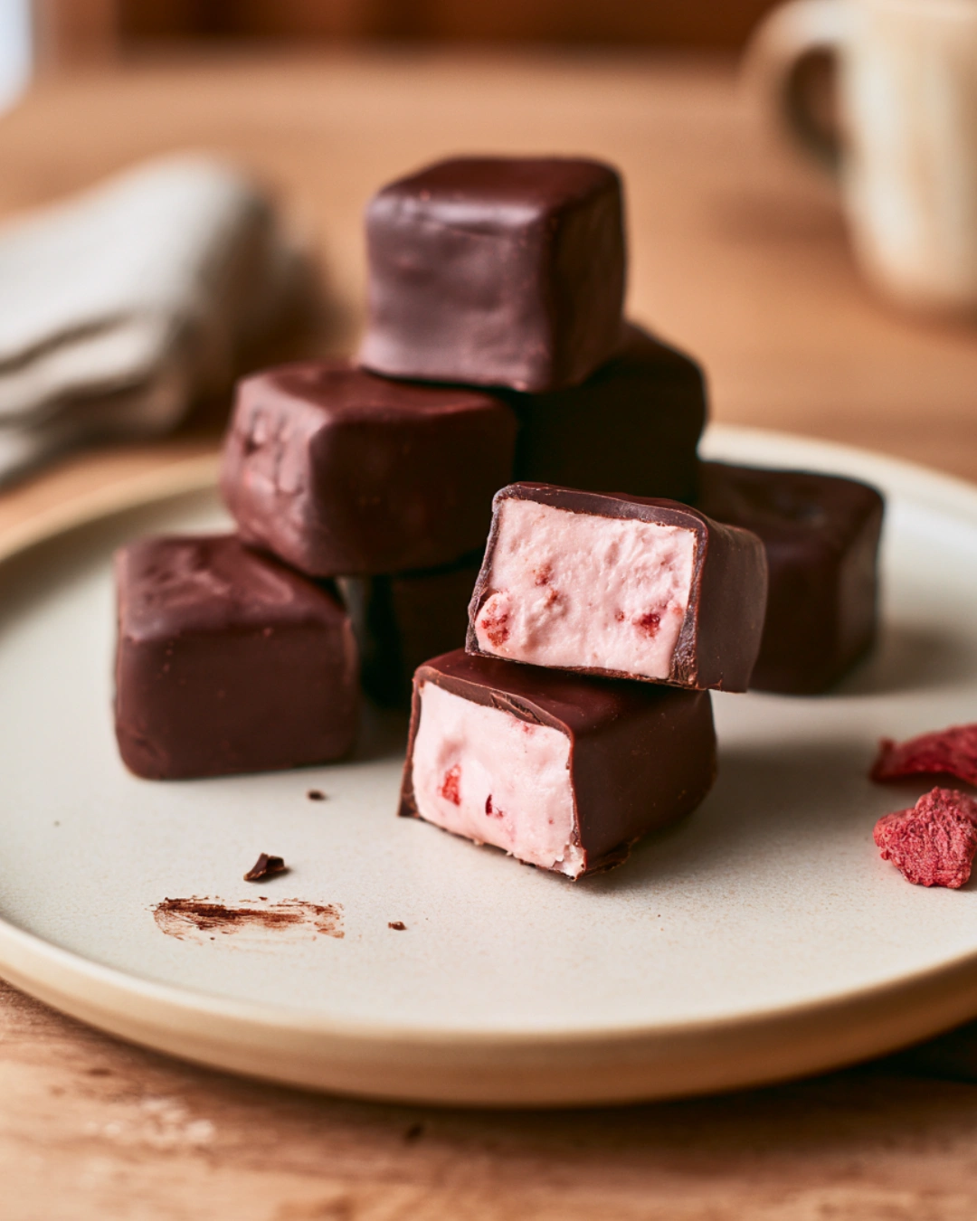 Strawberry Nougat Chocolate Squares served on a dessert plate