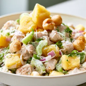 Tropical Hawaiian Chicken Salad with pineapple, chicken, celery, and macadamia nuts