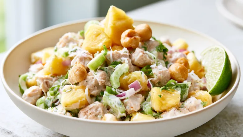 Tropical Hawaiian Chicken Salad with pineapple, chicken, celery, and macadamia nuts