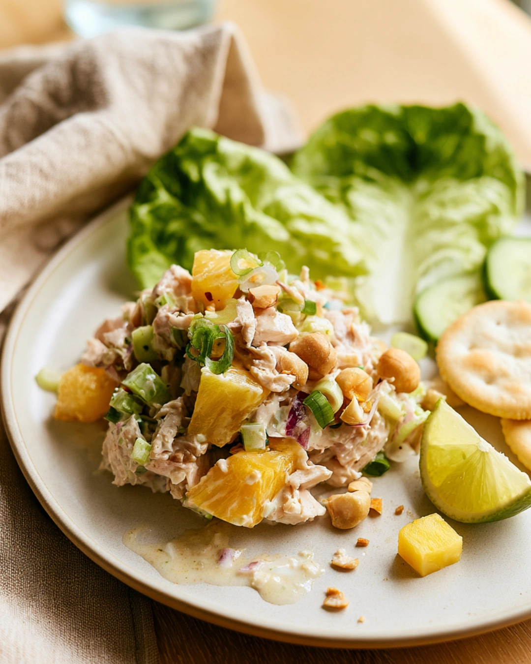Tropical Hawaiian Chicken Salad served on a plate with pineapple and lime