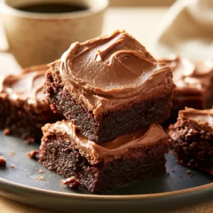 Coffee Brownies with Silky Mocha Frosting stacked on a plate