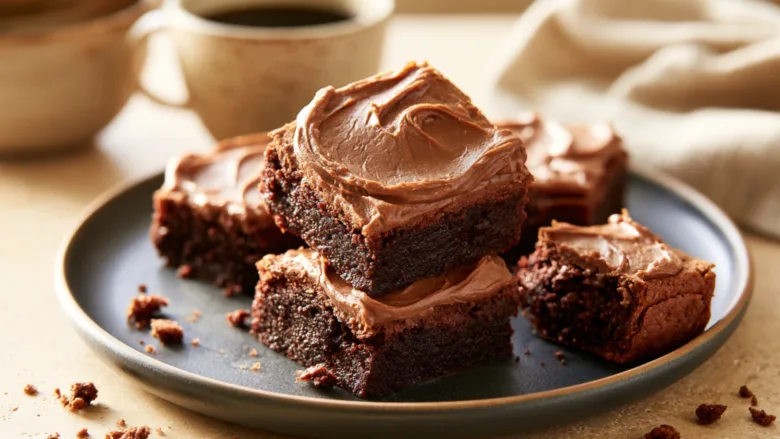 Coffee Brownies with Silky Mocha Frosting stacked on a plate