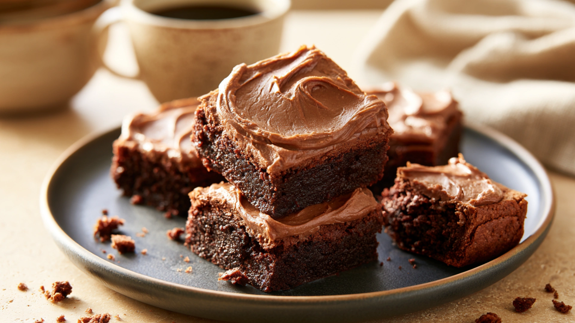 Coffee Brownies with Silky Mocha Frosting stacked on a plate