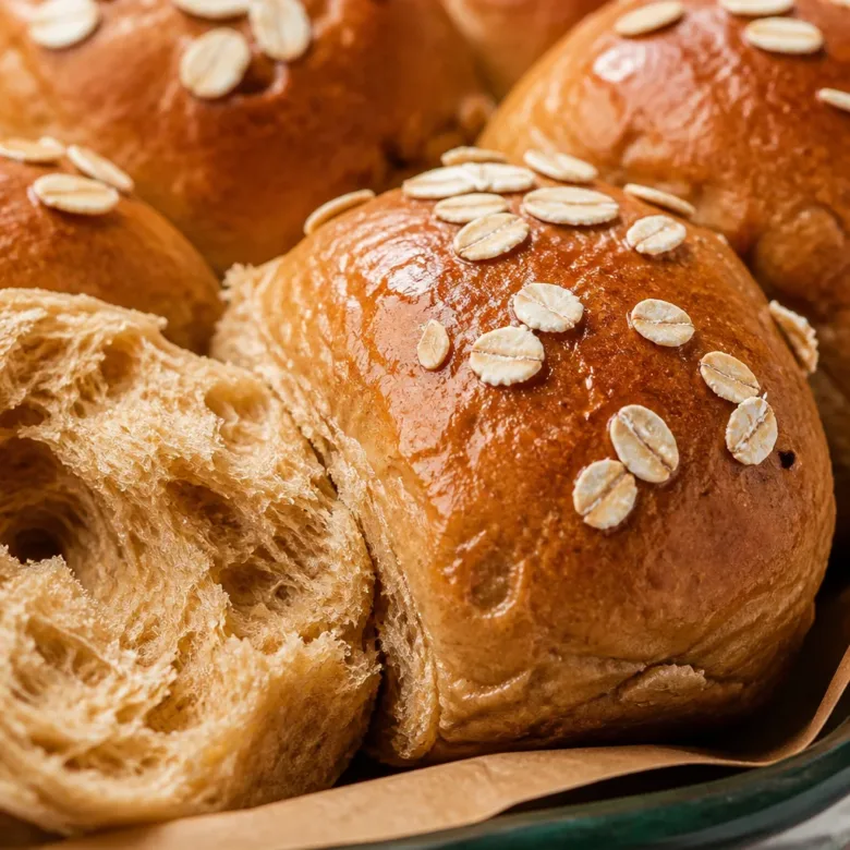 Freshly baked Oatmeal Molasses Rolls, fluffy and golden brown, served warm