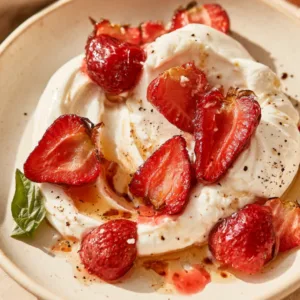 Whipped Feta Dip With Roasted Strawberries topped with honey and basil