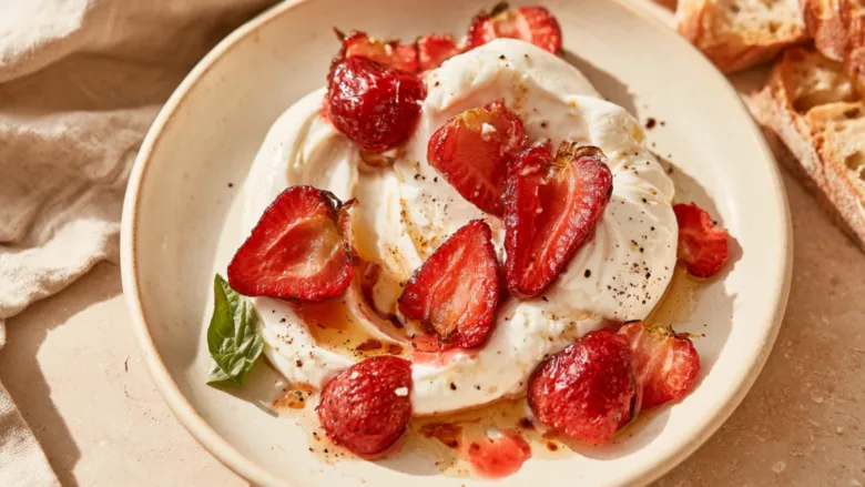 Whipped Feta Dip With Roasted Strawberries topped with honey and basil