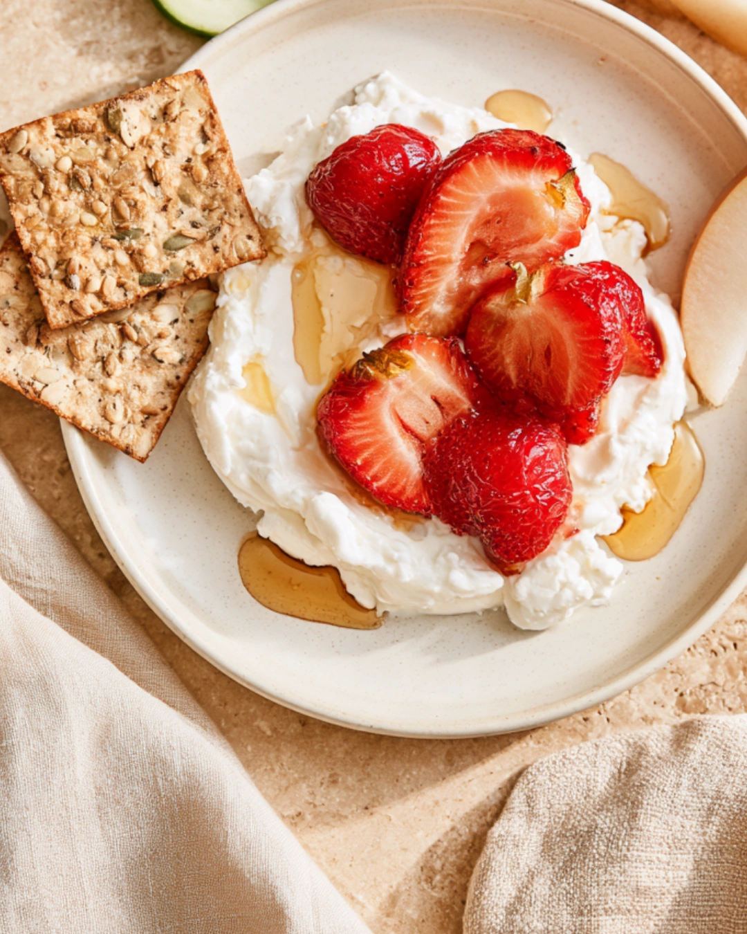 Whipped Feta Dip With Roasted Strawberries served with baguette