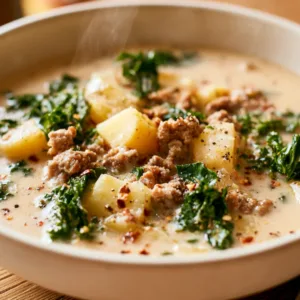 Whole30 Zuppa Toscana with sausage, potatoes, and kale